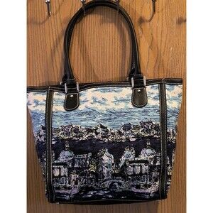 Talbots Tote Bag Venice Waterscape Navy Blue Canvas Brocade Weave Purse Italian